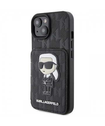 Karl Lagerfeld Saffiano Cardslots and Stand Monogram Ikonik Patch case for iPhone 15 - black