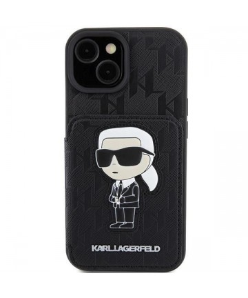 Karl Lagerfeld Saffiano Cardslots and Stand Monogram Ikonik Patch case for iPhone 15 - black