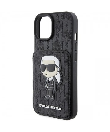 Karl Lagerfeld Saffiano Cardslots and Stand Monogram Ikonik Patch case for iPhone 15 - black