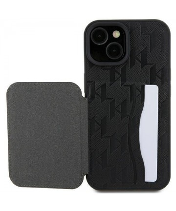 Karl Lagerfeld Saffiano Cardslots and Stand Monogram Ikonik Patch case for iPhone 15 - black