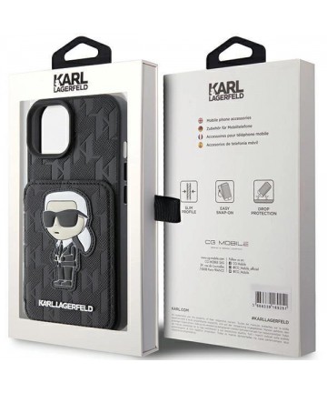 Karl Lagerfeld Saffiano Cardslots and Stand Monogram Ikonik Patch case for iPhone 15 - black