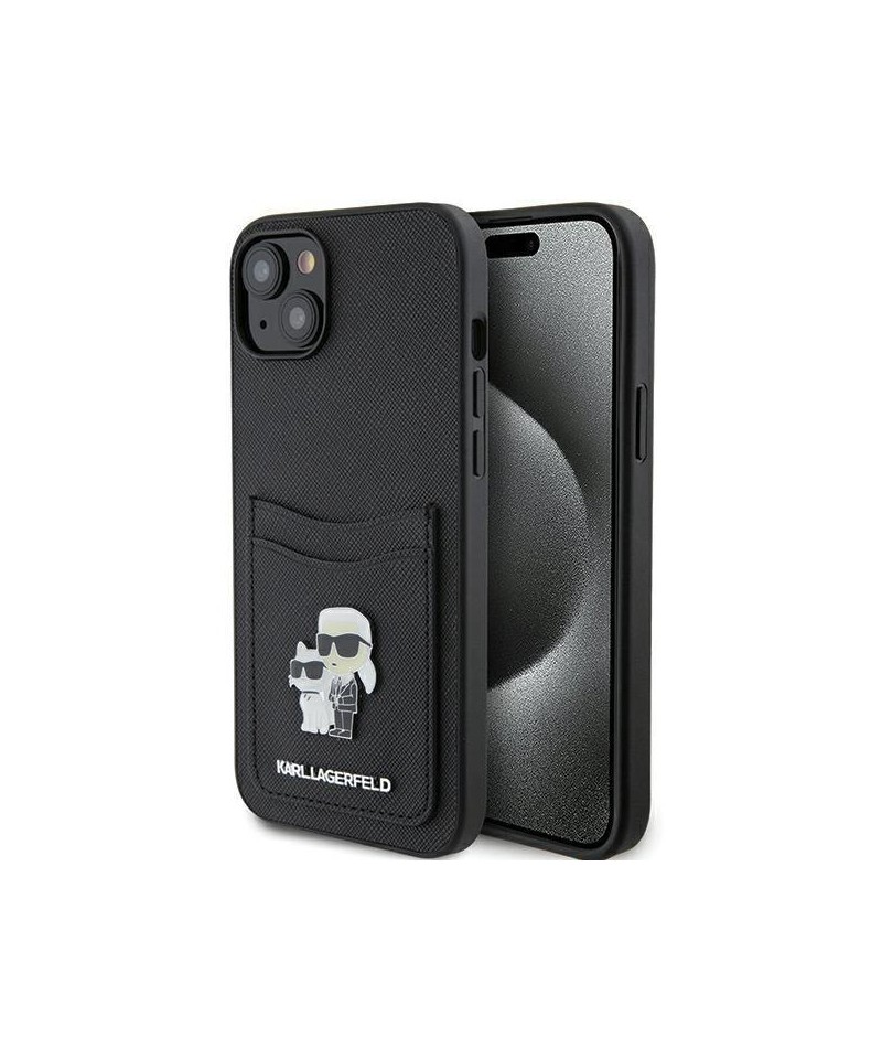 Karl Lagerfeld Saffiano Cardslot Karl&Choupette Metal Pin case for iPhone 15 - black