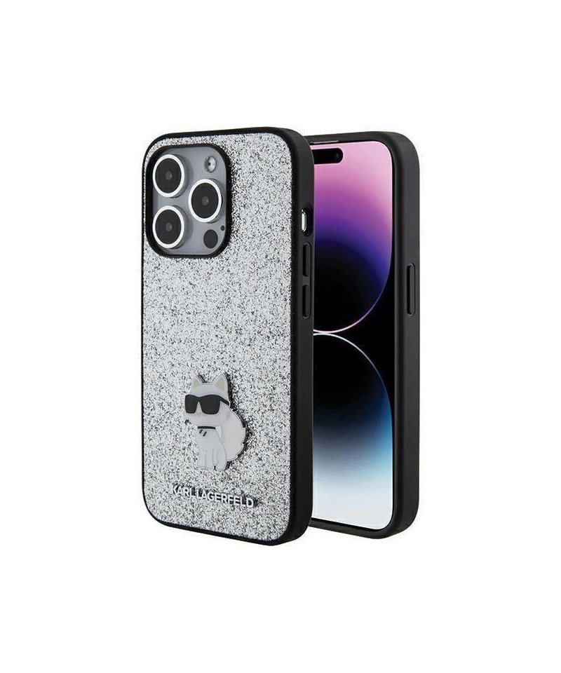 Karl Lagerfeld Fixed Glitter Choupette Logo Metal Pin Case for iPhone 15 Pro Max - Silver