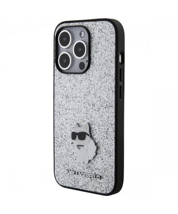 Karl Lagerfeld Fixed Glitter Choupette Logo Metal Pin Case for iPhone 15 Pro Max - Silver