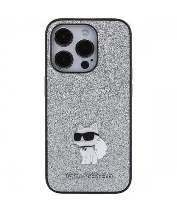 Karl Lagerfeld Fixed Glitter Choupette Logo Metal Pin Case for iPhone 15 Pro Max - Silver