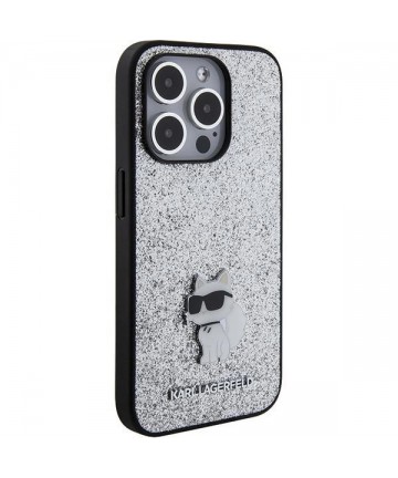 Karl Lagerfeld Fixed Glitter Choupette Logo Metal Pin Case for iPhone 15 Pro Max - Silver