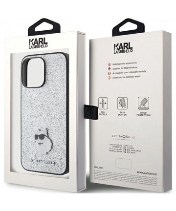 Karl Lagerfeld Fixed Glitter Choupette Logo Metal Pin Case for iPhone 15 Pro Max - Silver
