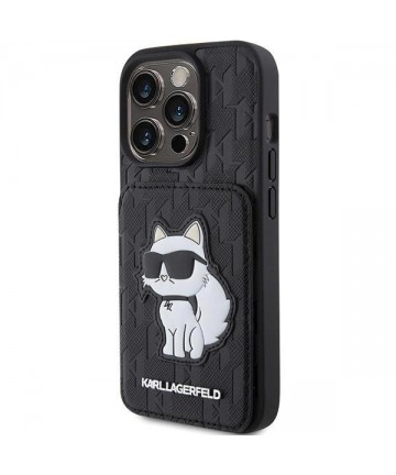 Karl Lagerfeld Saffiano Cardslots and Stand Monogram Choupette Case for iPhone 15 Pro Max - Black