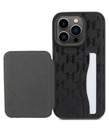 Karl Lagerfeld Saffiano Cardslots and Stand Monogram Choupette Case for iPhone 15 Pro Max - Black