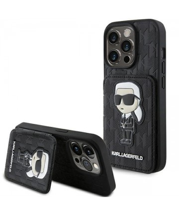 Karl Lagerfeld Saffiano Cardslots and Stand Monogram Ikonik Patch case for iPhone 15 Pro Max - black