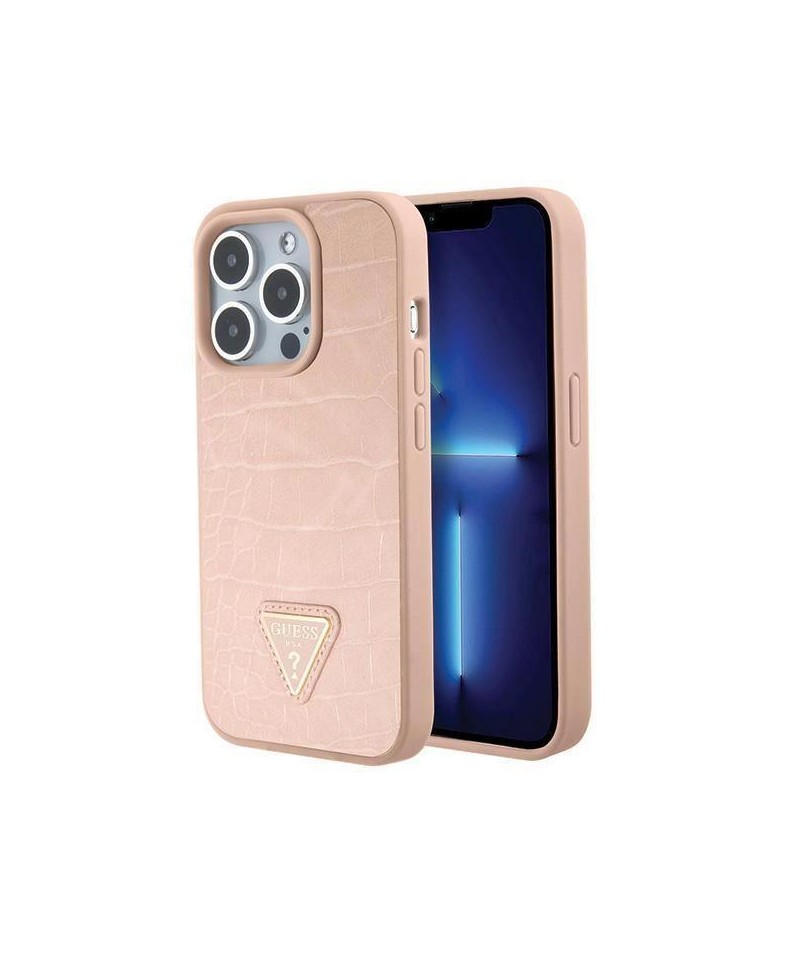 Guess Croco Triangle Metal Logo case for iPhone 15 Pro - pink