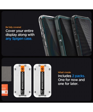 Spigen Glas.tR EzFit Privacy Tempered Glass for iPhone 15/16 with Adapter (2 pcs.)