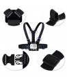 Adjustable harness for a sports camera with a rotating tripod and a phone stand