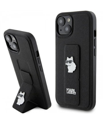 Karl Lagerfeld Gripstand Saffiano Choupette Pins Case for iPhone 15 Plus / 14 Plus - Black