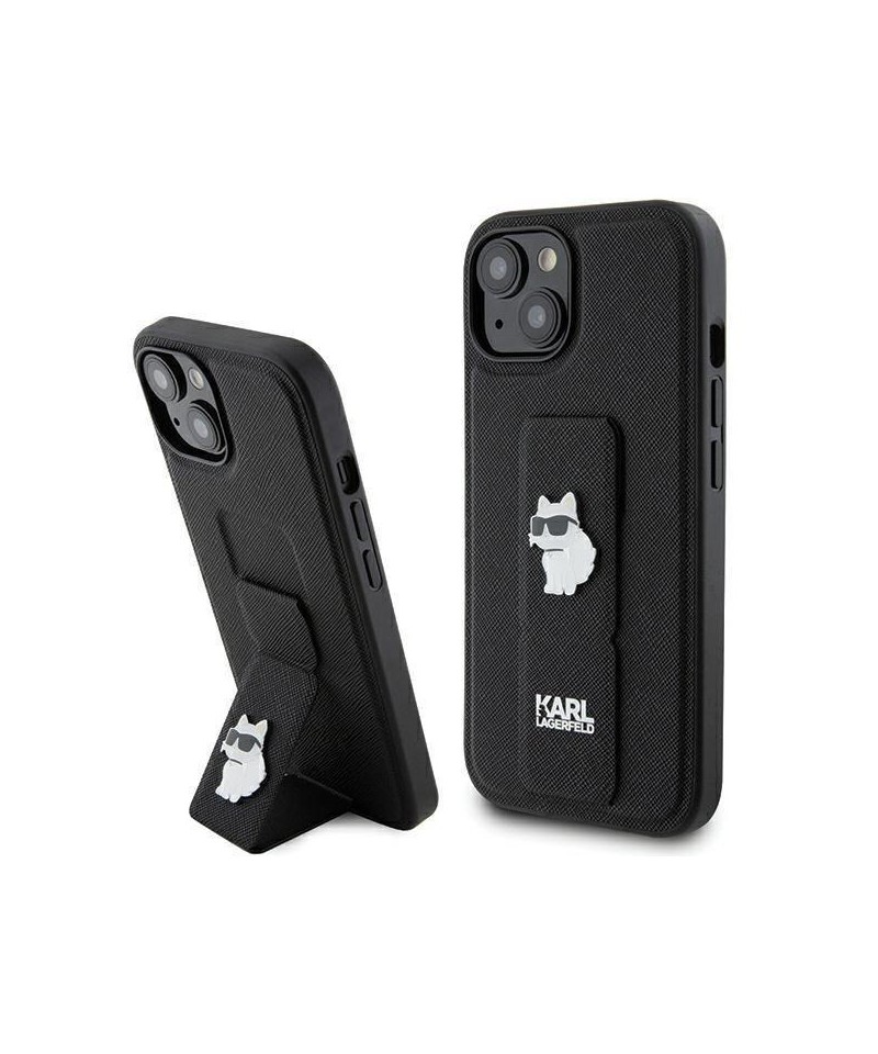 Karl Lagerfeld Gripstand Saffiano Choupette Pins Case for iPhone 15 Plus / 14 Plus - Black
