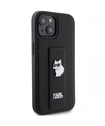 Karl Lagerfeld Gripstand Saffiano Choupette Pins Case for iPhone 15 Plus / 14 Plus - Black