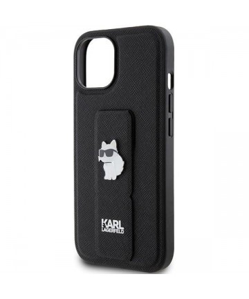 Karl Lagerfeld Gripstand Saffiano Choupette Pins Case for iPhone 15 Plus / 14 Plus - Black
