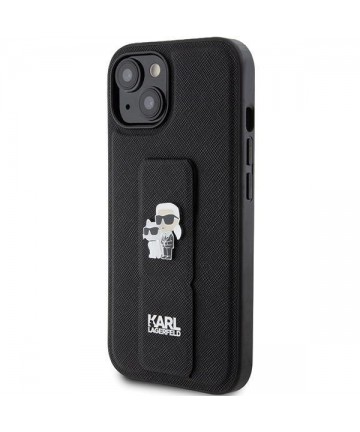 Karl Lagerfeld Gripstand Saffiano Karl&Choupette Pins case for iPhone 15 Plus / 14 Plus - black