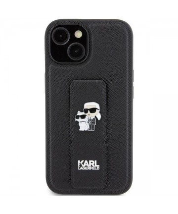 Karl Lagerfeld Gripstand Saffiano Karl&Choupette Pins case for iPhone 15 Plus / 14 Plus - black