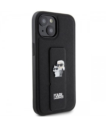 Karl Lagerfeld Gripstand Saffiano Karl&Choupette Pins case for iPhone 15 Plus / 14 Plus - black