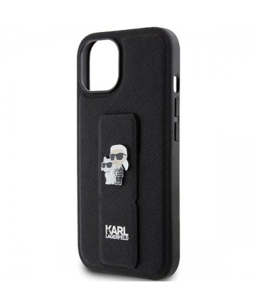 Karl Lagerfeld Gripstand Saffiano Karl&Choupette Pins case for iPhone 15 Plus / 14 Plus - black