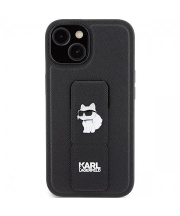 Karl Lagerfeld Gripstand Saffiano Choupette Pins case for iPhone 15 - black