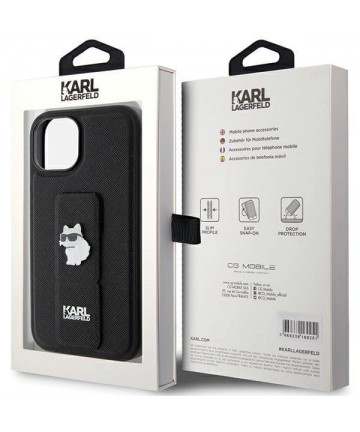 Karl Lagerfeld Gripstand Saffiano Choupette Pins case for iPhone 15 - black