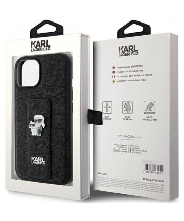 Karl Lagerfeld Gripstand Saffiano Karl&Choupette Pins case for iPhone 15 - black