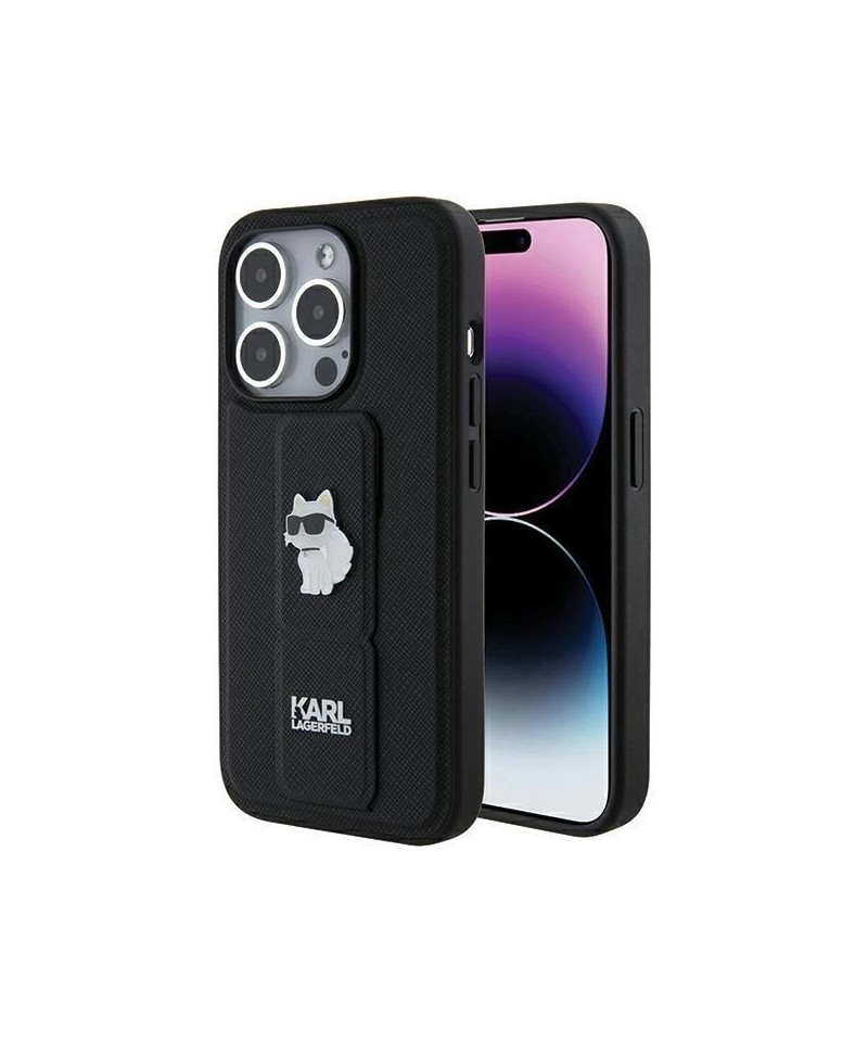 Karl Lagerfeld Gripstand Saffiano Choupette Pins case for iPhone 15 Pro Max - black