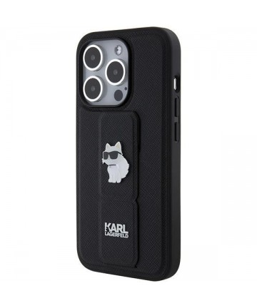 Karl Lagerfeld Gripstand Saffiano Choupette Pins case for iPhone 15 Pro Max - black