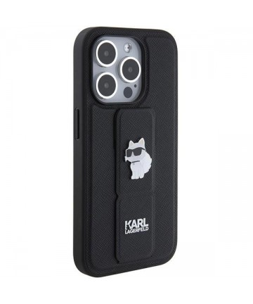 Karl Lagerfeld Gripstand Saffiano Choupette Pins case for iPhone 15 Pro Max - black
