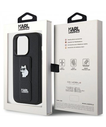 Karl Lagerfeld Gripstand Saffiano Choupette Pins case for iPhone 15 Pro Max - black