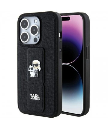 Karl Lagerfeld Gripstand Saffiano Karl&Choupette Pins case for iPhone 15 Pro Max - black