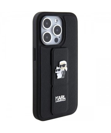 Karl Lagerfeld Gripstand Saffiano Karl&Choupette Pins case for iPhone 15 Pro Max - black