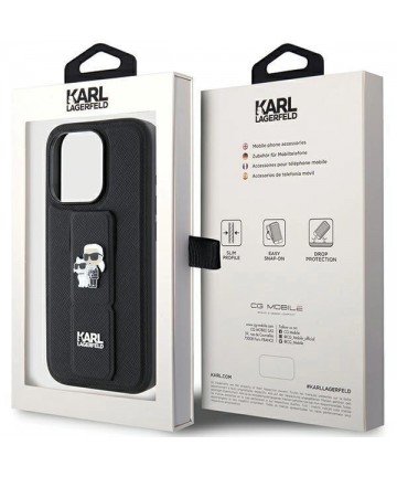Karl Lagerfeld Gripstand Saffiano Karl&Choupette Pins case for iPhone 15 Pro Max - black