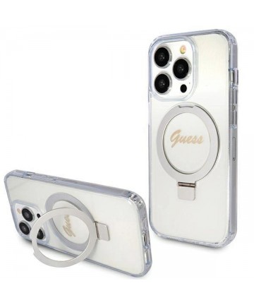 Guess Ring Stand Script Glitter MagSafe case for iPhone 15 Pro - transparent
