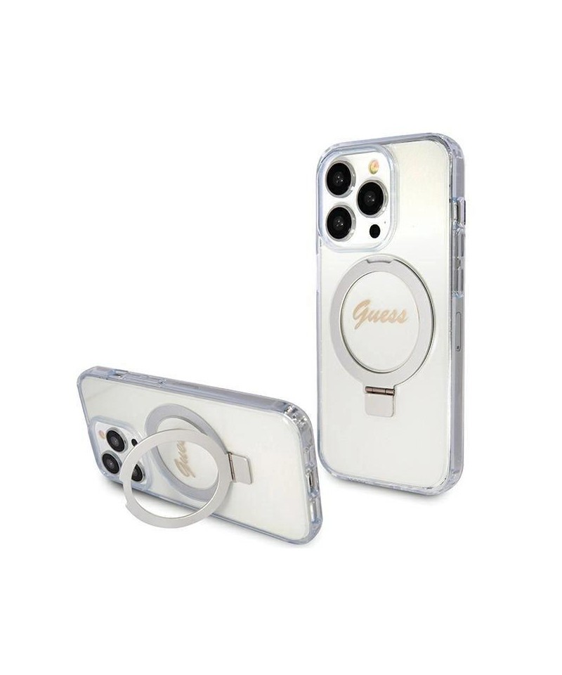 Guess Ring Stand Script Glitter MagSafe case for iPhone 15 Pro - transparent