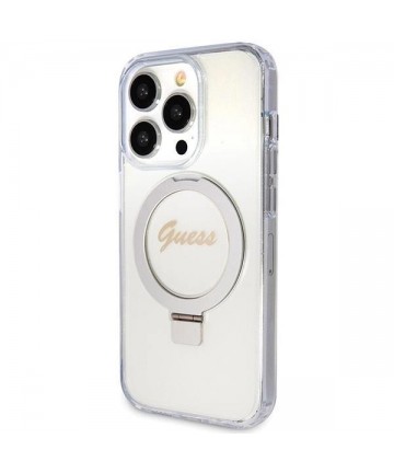 Guess Ring Stand Script Glitter MagSafe case for iPhone 15 Pro - transparent