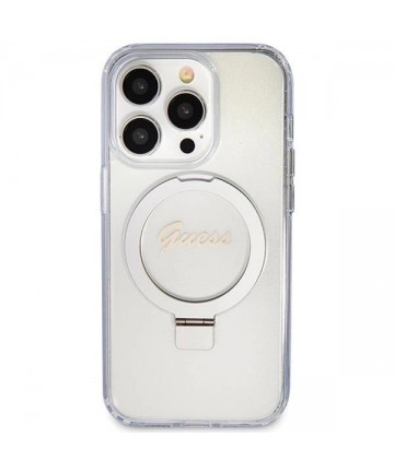 Guess Ring Stand Script Glitter MagSafe case for iPhone 15 Pro - transparent