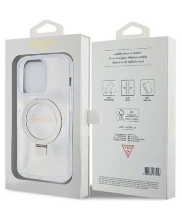 Guess Ring Stand Script Glitter MagSafe case for iPhone 15 Pro - transparent