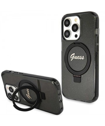 Guess Ring Stand Script Glitter MagSafe case for iPhone 15 Pro - black