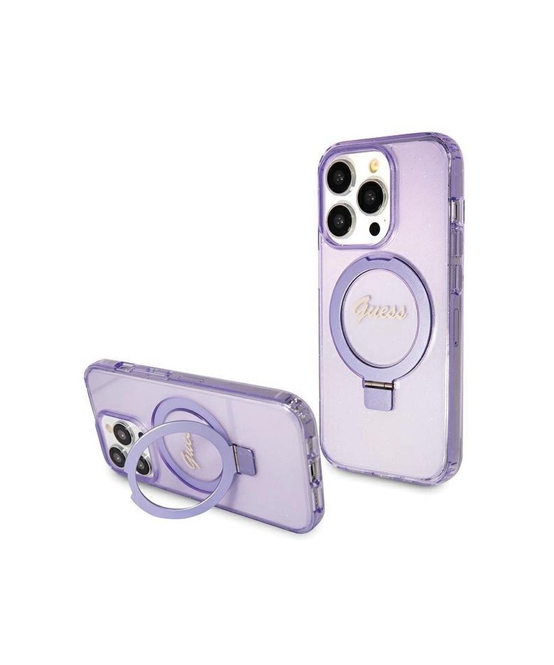 Guess Ring Stand Script Glitter MagSafe case for iPhone 15 Pro - purple