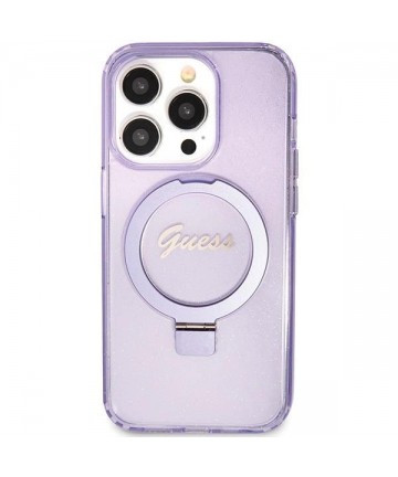 Guess Ring Stand Script Glitter MagSafe case for iPhone 15 Pro - purple