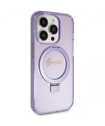 Guess Ring Stand Script Glitter MagSafe case for iPhone 15 Pro - purple