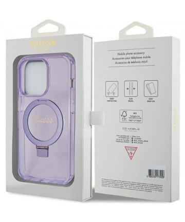 Guess Ring Stand Script Glitter MagSafe case for iPhone 15 Pro - purple