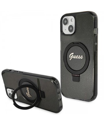 Guess Ring Stand Script Glitter MagSafe Case for iPhone 15 Plus / 14 Plus - Black