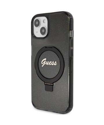 Guess Ring Stand Script Glitter MagSafe Case for iPhone 15 Plus / 14 Plus - Black