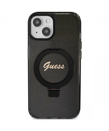 Guess Ring Stand Script Glitter MagSafe Case for iPhone 15 Plus / 14 Plus - Black