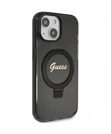 Guess Ring Stand Script Glitter MagSafe Case for iPhone 15 Plus / 14 Plus - Black