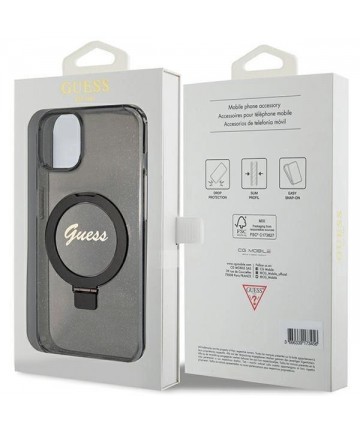 Guess Ring Stand Script Glitter MagSafe Case for iPhone 15 Plus / 14 Plus - Black